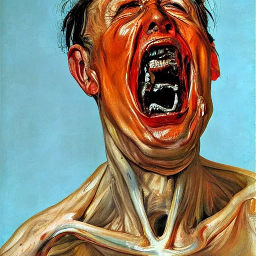 Image similar to high quality high detail painting of a man screaming in agony by lucian freud and jenny saville and francis bacon, hd, anxiety, turquoise and orange