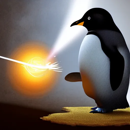 Image similar to a wizard penguin casting a spell, digital art, cinematic lighting