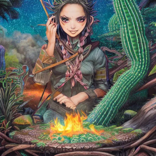 Image similar to richly detailed colored pencil 3 d illustration spartan tea at campfire with trichocereus jungle background smoke haze full moon ayahuasca peyote art by rossdraws range murata and artgerm