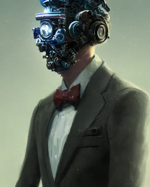 Image similar to a rugged young engineer man with cybernetic enhancements wearing a suit and bowtie, detailed face with mask, scifi character portrait by greg rutkowski, esuthio, craig mullins, 1 / 4 headshot, cinematic lighting, dystopian scifi gear, gloomy, profile picture, mechanical, half robot, implants, steampunk