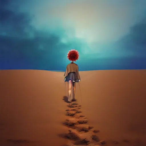 Image similar to closeup giant dahlia flower head, girl walking between dunes, surreal photography, sunrise, blue sky, dramatic light, impressionist painting, digital painting, artstation, simon stalenhag