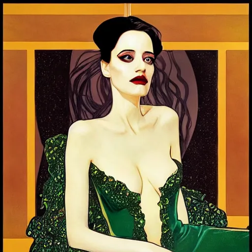 Image similar to portrait by joshua middleton of the young actress, eva green as queen of the emerald dead, vamp, elegant, decadent, stylised comic art, klimt, mucha, 1 9 7 0 s poster,