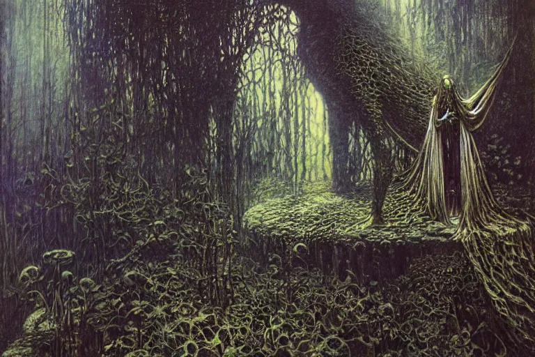 Image similar to knight in enchanted lovecraftian garden by jean delville, luis royo, beksinski, grimshaw