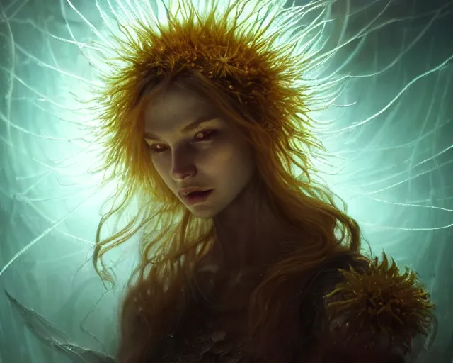 Prompt: 4 k cinematic still portrait of a human figure dandelion monster in a dark liminal space room, amber glow, deep focus, d & d, fantasy, intricate, elegant, highly detailed, digital art, art station, concept art, matte, sharp focus, illustration, dark fantasy art, hearthstone, art by artgerm and greg rutkowski and alphonse mucha