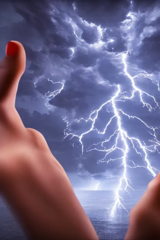 Image similar to photography of a hyper realistic lightning storm in a beautiful girl's hand. highly detailed, super power, stuning, intricate, complex, unreal engine 5.