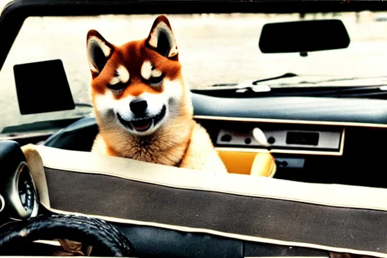 Image similar to picture of a shiba inu driving a car, 1 9 7 0 s