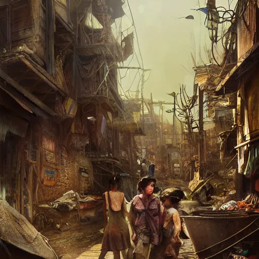 Image similar to slum neighborhood in lord of the ring world, fantasy, on artgerm, ilya yefimovich repin style, hyperrealistic content, high definition content, intricate, delete duplicate content, justify content center, left align, right align, ultra detailed content, ultra realistic human + environment + animal content, 5 dark tone colors