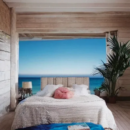 Prompt: a beautiful bedroom, beach aesthetic