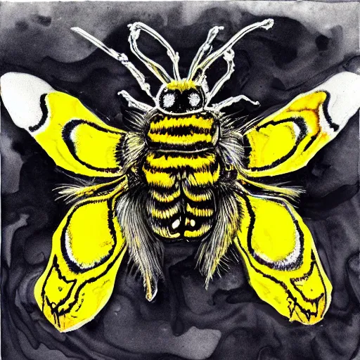Prompt: alcohol ink, ink blott, rorschach test depicting deaths head moth in yellow and black, detailed, symmetrical