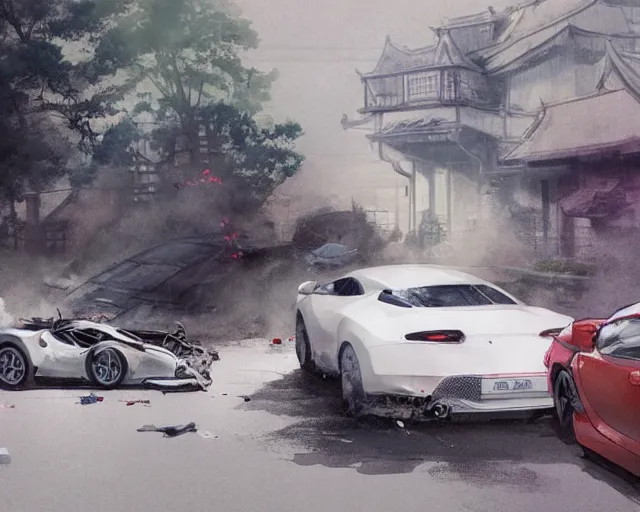 Image similar to a 50 year old brunnette chinese man with puffy cheeks lying with closed eyes on the ground next to a white super car crash, horror scene, dramatic, anime art, Greg Rutkowski, studio ghibli, dramatic lighting