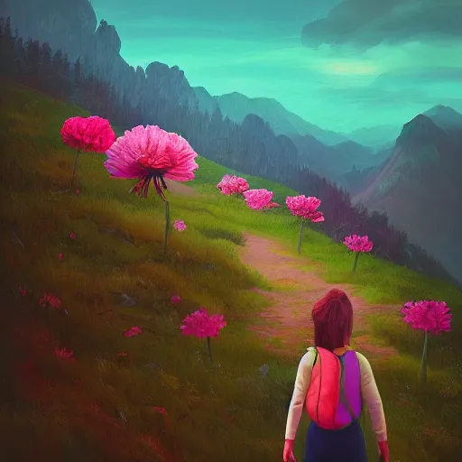 Image similar to giant carnation flower as a head, girl hiking in the mountains, surreal photography, sunrise, dramatic light, impressionist painting, colorful clouds, digital painting, artstation, simon stalenhag