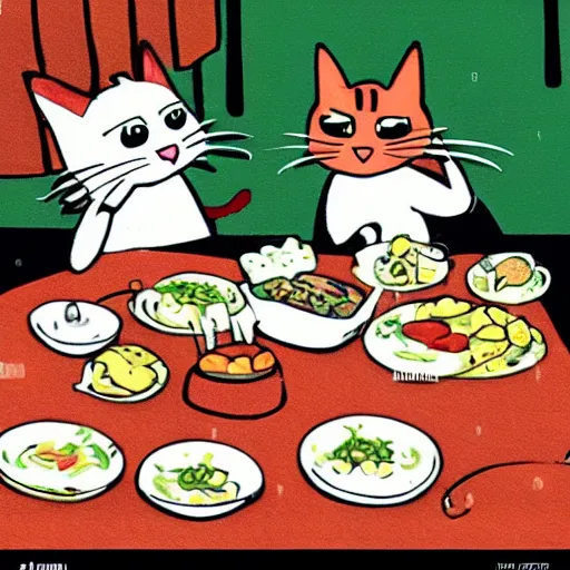 Image similar to cartoon cats having a nice dinner