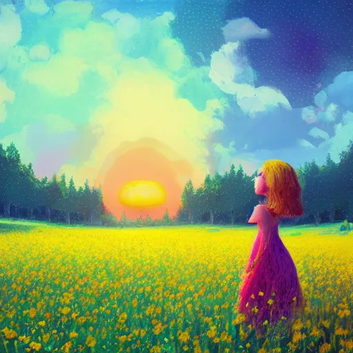 Image similar to girl with giant flower as a face and flower dress, standing in a flower field hills, big trees, sunrise dramatic light, impressionist painting, colorful clouds, digital painting, pointillism, artstation, simon stalenhag