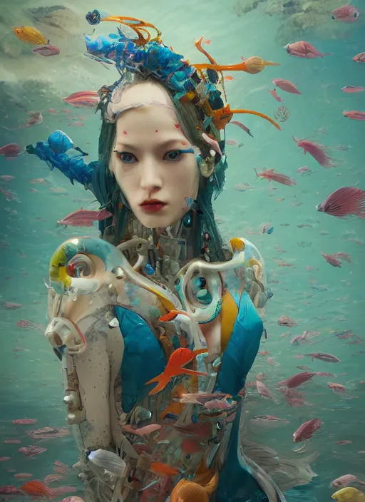 Prompt: portrait of a futuristic geisha cyborg in the ocean surrounded by little colorful fish, modern fine art, fractal, intricate, elegant, highly detailed, digital photography, subsurface scattering, by jheronimus bosch and greg rutkowski,