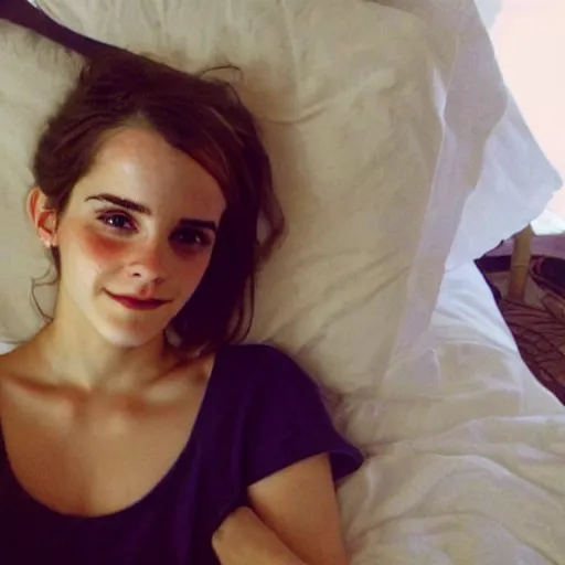 Image similar to emma watson in bed, comfy, bare shoulders, no makeup, no filter, natural skin, messy hair, sleepy, smiling shyly