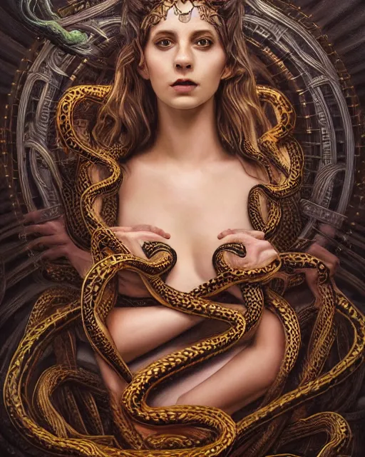 Prompt: portrait of the strangly beautiful young goddess of snakes, surreal, fantasy, intricate, elegant, dramatic lighting, emotionally evoking symbolic metaphor, highly detailed, lifelike, photorealistic, digital painting, painterly, artstation, concept art, smooth, head in focus, sharp focus, illustration, art by John Collier and Krenz Cushart and Artem Demura and Alphonse Mucha and Albert Aublet,