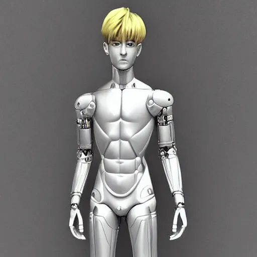 Image similar to “a realistic detailed photo of a guy who is an attractive humanoid who is half robot and half humanoid, who is a male android, twitch streamer Ninja Tyler Blevins, shiny skin, posing like a statue, blank stare”