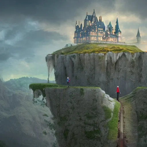 Image similar to a man walking down a road with a castle floating in the sky, a detailed matte painting by Chris LaBrooy, shutterstock contest winner, fantasy art, matte painting, cinematic