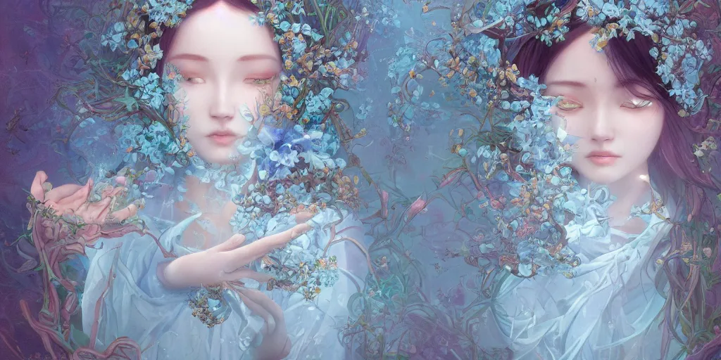 Prompt: breathtaking detailed concept art painting of few goddesses of light blue flowers, orthodox saint, with anxious, piercing eyes, ornate background, amalgamation of leaves and flowers, by Hsiao-Ron Cheng, James jean, Miho Hirano, Hayao Miyazaki, extremely moody lighting, 8K