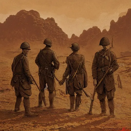 Image similar to ultra detailed photorealistic sepia - toned painting from 1 9 1 7, three british soldiers standing at an archaeological dig site in wadi rum, ultra realistic, painted, intricate details, lovecraft, atmospheric, dark, horror, brooding, highly detailed, by angus mcbride