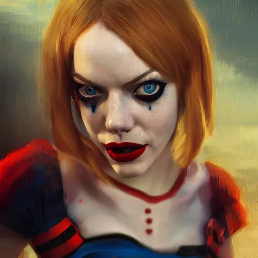 Image similar to portrait of emma stone as harley quinn, au naturel, hyper detailed, digital art, trending in artstation, cinematic lighting, studio quality, smooth render, unreal engine 5 rendered, octane rendered, art style by klimt and nixeu and ian sprigger and wlop and krenz cushart.