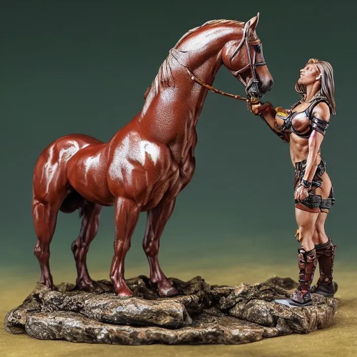 Image similar to 80mm resin detailed miniature of a Muscular Woman warrior standing next to a Horse, Product Introduction Photos, 4K, Full body, simple background