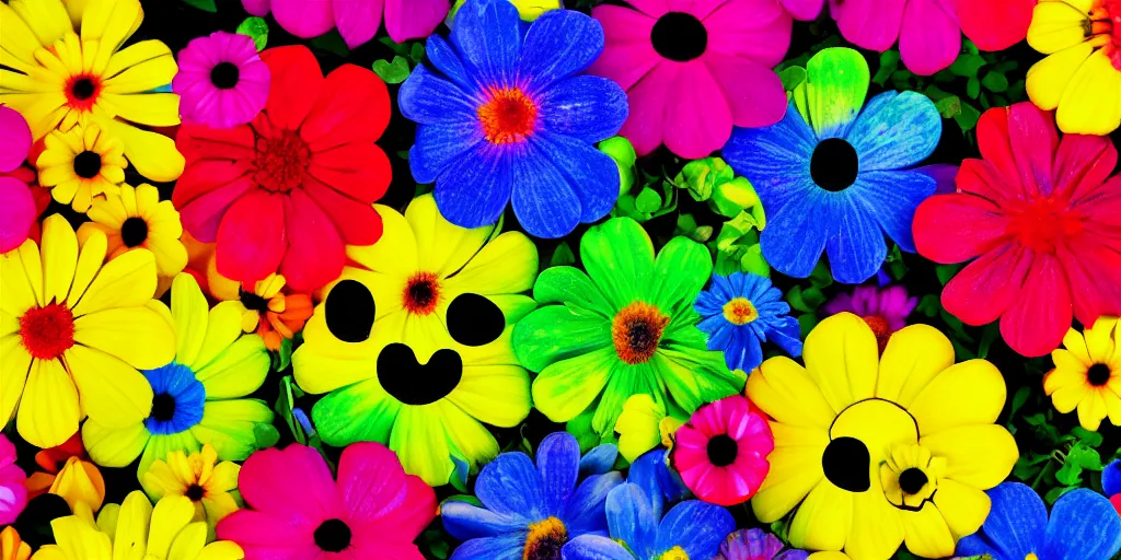 Prompt: color garden with smiley flowers, 4 k, high res, bold,