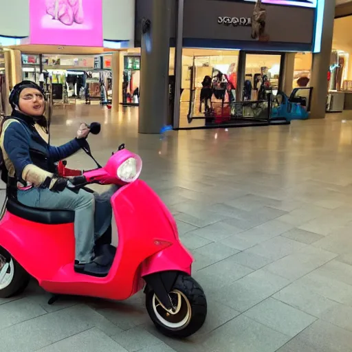 Prompt: photo of a anthropomorphic pig on a mobility scooter in a mall