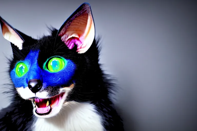 Image similar to a blue - and - black male heterochromatic catbat fursona with blue / green heterochromatic eyes ( differently - colored eyes, one green, one blue ) and huge bat ears, photo of the catbat streaming on his computer