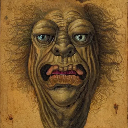 Prompt: highly detailed coloured dutch renaissance painting of distorted deranged humanoid monster, wrinkly skin with clumps of hair on face and four eyes