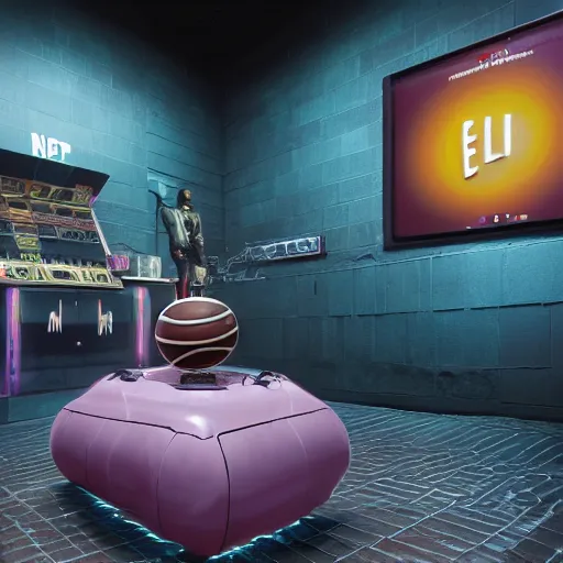 Prompt: a painting representing, rammstein, gorillaz and daft punk records, from then on a basketball, pot, a thousand peso bill, a pallmall new iceberg cigarette box, an the first xbox, purple colors, setting, ghibli, unreal 5, daz, hyperrealistic, octane render, rpg portrait, dynamic lighting, epic anime, epic