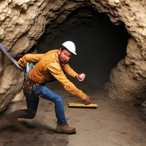 Image similar to indiana jones running away from a construction worker in a cave