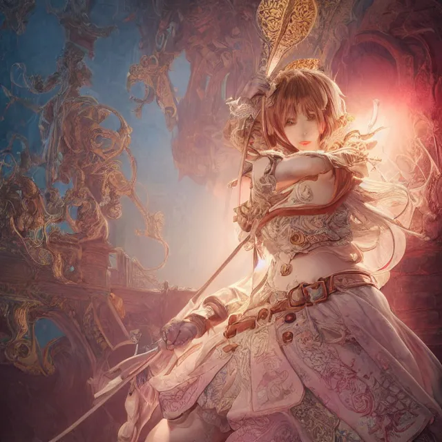 Image similar to studio portrait of neutral good colorful female cleric bard healer as absurdly beautiful, gorgeous, elegant, young gravure idol, an ultrafine hyperdetailed illustration by kim jung gi, irakli nadar, intricate linework, sharp focus, bright colors, octopath traveler, final fantasy, unreal engine 5 highly rendered, global illumination, radiant light, detailed and intricate environment