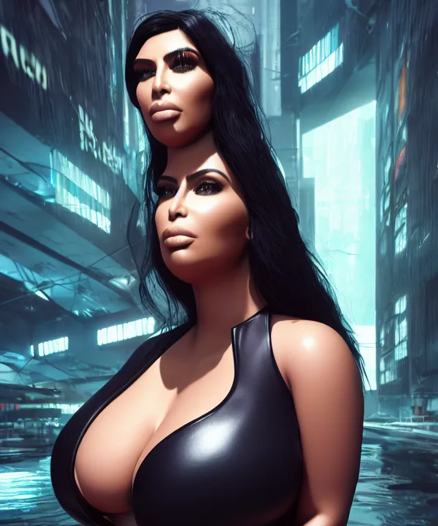 Image similar to obese kim kardashian, subsurface scattering, cyberpunk, dogpunk, unreal engine, octane render, artstation, highly detailed, 4 k post - processing, 8 k resolution, insanely detailed and intricate, hypermaximalist, shiny surfaces, smooth gradients, elegant, hd quality, no bokeh