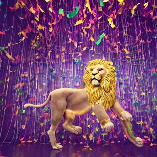 Image similar to long shot lion chasing the dream in the magical forest, lion fur made from party ribbons floating party confetti and balloons , concept art, huge scale, high details, intricate by Dali and James Jean