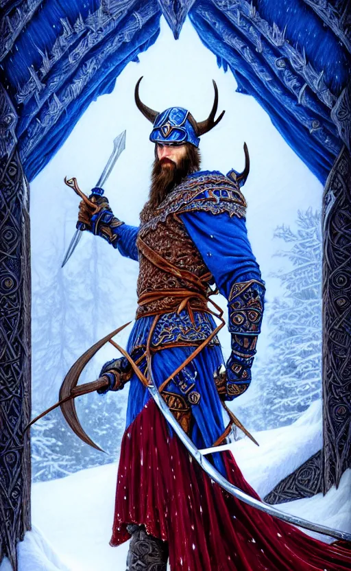 Image similar to royal blue viking warrior, regal, elegant, winter, snow, beautiful, stunning, hd, illustration, epic, d & d, fantasy, intricate, elegant, highly detailed, wide angle, digital painting, artstation, concept art, smooth, sharp focus, illustration, wallpaper, art by artgerm and greg rutkowski and alphonse mucha and jin xiaodi