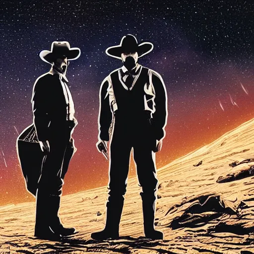 Image similar to hand drawn image of wyatt earp and doc holliday standing on the deck of a spacecraft, inspired by the movie interstellar, high detail