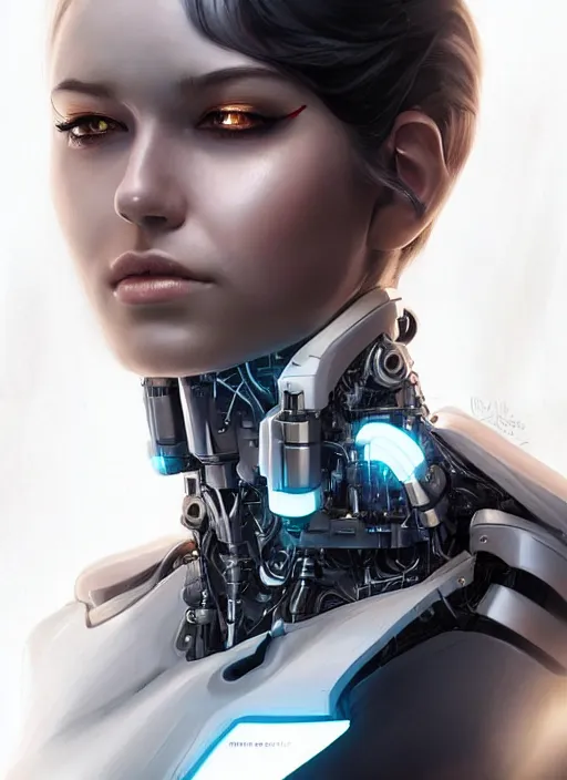 Image similar to portrait of a cyborg woman who turns her head to the ((((((right))))) left+160 (((((up))))) (((((down))))) by Artgerm,eyes closed , biomechanical, hyper detailled, trending on artstation