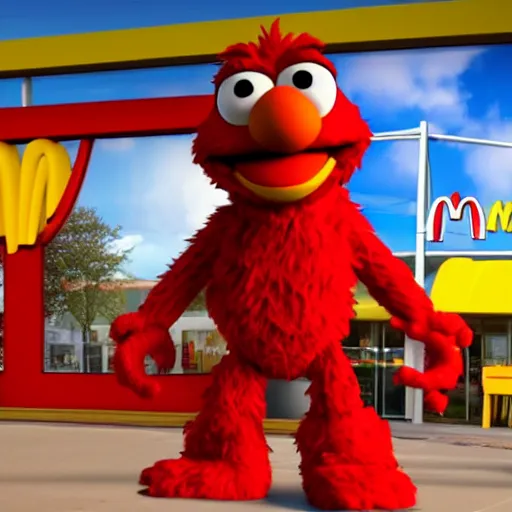 Image similar to a still of elmo in a mcdonalds, award - winning, photograph, 3 d render, unreal engine, 4 k detailed