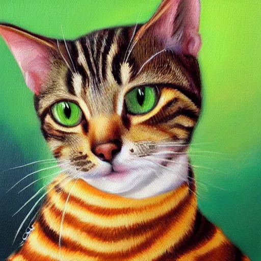 Prompt: oil painting of a small and floppy female tabby cat with white paws, large, orange - green eyes, sweet, somewhat striped coat, long tail, narrow face with long whiskers, 1 2 years old