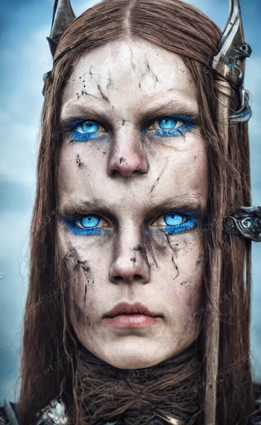 Image similar to photorealistic portrait of female viking warrior with large sad blue eyes, dirty skin, shoulders