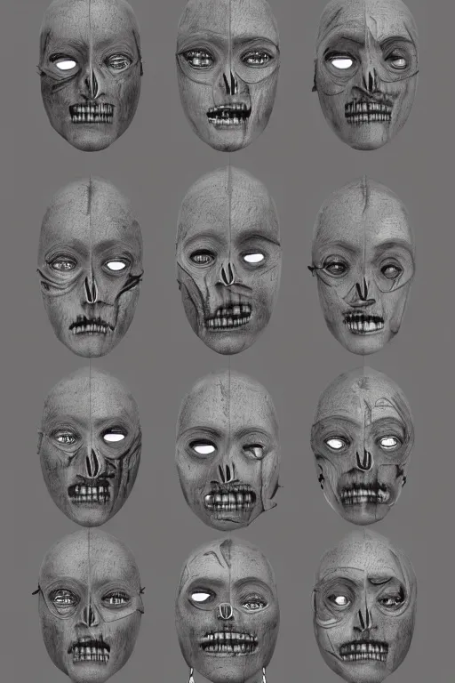 Prompt: aztec facial anatomy with gunmetal grey skin, medical anatomy, very symmetrical face, highly detailed, three - perspective / three - view reference sheet ( front / back / side ), in the style of dan ouellette, steven jung, amanda lilleston, hr giger, sil from species, dren from splice, mecha, artstation, unreal engine