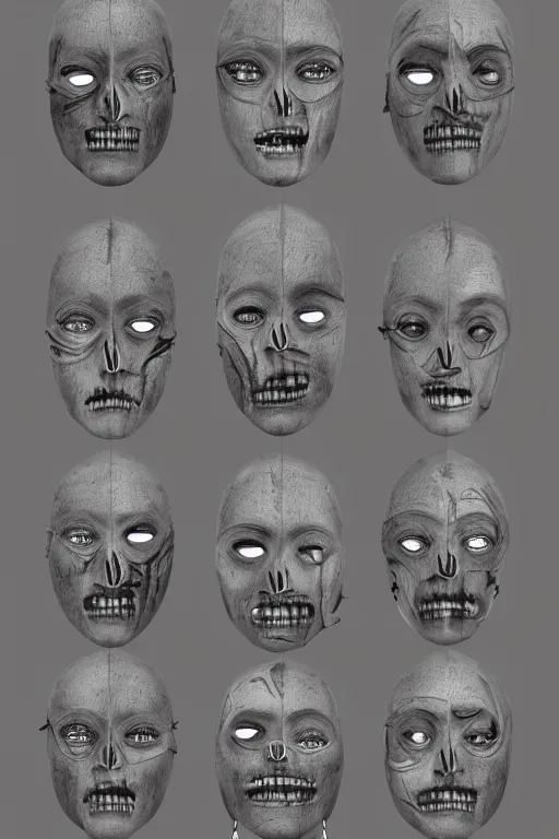 Image similar to aztec facial anatomy with gunmetal grey skin, medical anatomy, very symmetrical face, highly detailed, three - perspective / three - view reference sheet ( front / back / side ), in the style of dan ouellette, steven jung, amanda lilleston, hr giger, sil from species, dren from splice, mecha, artstation, unreal engine