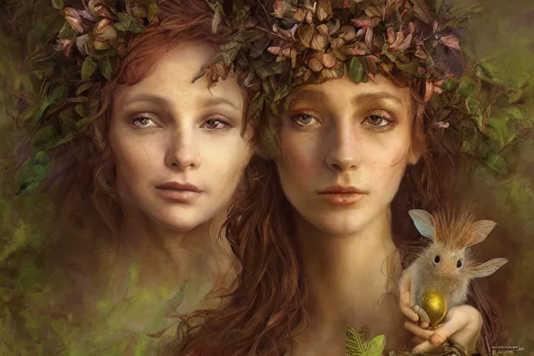 Image similar to portrait character design painting, dryad musician inspired by brian froud, portrait, accompanied by a cute feathered mouse, studio lighting by jessica rossier and brian froud and gaston bussiere