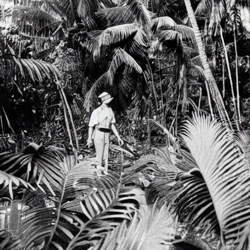 Image similar to a rizom lost film footage of a 3 d volume in the middle of the tropical jungle / tropicalism / tropicalism / tropicalism / film still / cinematic / enhanced / 1 9 2 0 s / black and white / grain