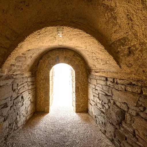 Prompt: wide angle picture of a tall and narrow vaulted medieval cellar. Stone and lime mortar. Diy workshop, shot with 11-16mm Sigma on a 80D