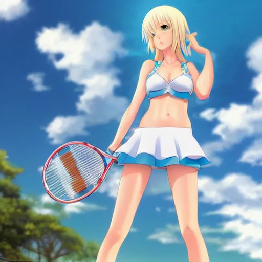 Image similar to full body shot : a very beautiful young blond tennis anime girl, sky blue eyes, smug, bikini, white miniskirt, highly detailed, cinematic wallpaper by stanley artgerm lau