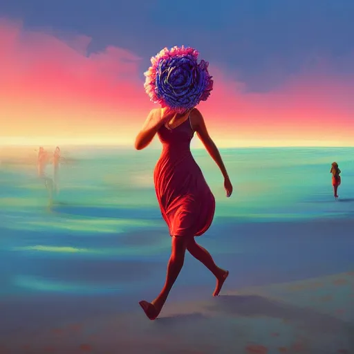 Image similar to portrait, giant rose flower head, woman running at the beach, surreal photography, sunrise, blue sky, dramatic light, impressionist painting, digital painting, artstation, simon stalenhag