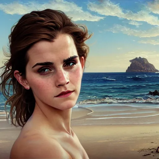 Prompt: ultra realistic illustration, wide angle shot, emma watson on a beach, intricate, elegant, highly detailed, digital painting, artstation, concept art, smooth, sharp focus, by artgerm and greg rutkowski and alphonse mucha