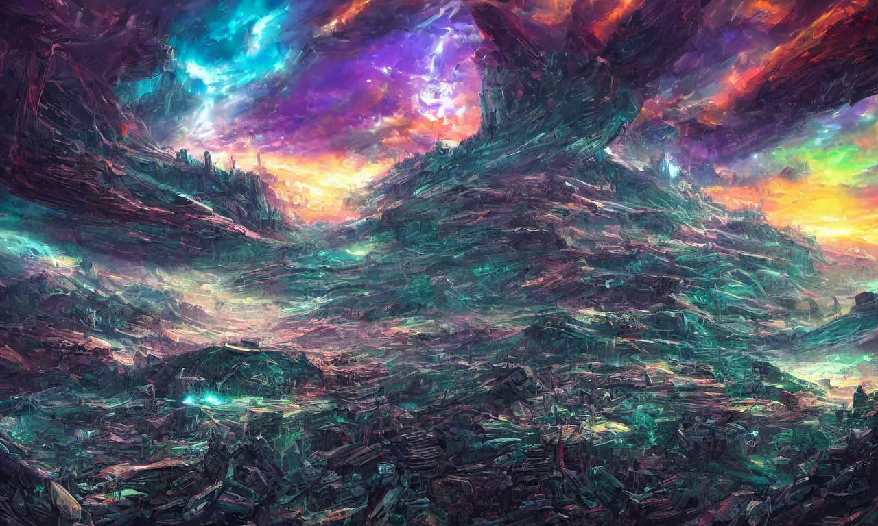 Image similar to Epic Sci Fi Landscape, wide angle, colorful, detailed